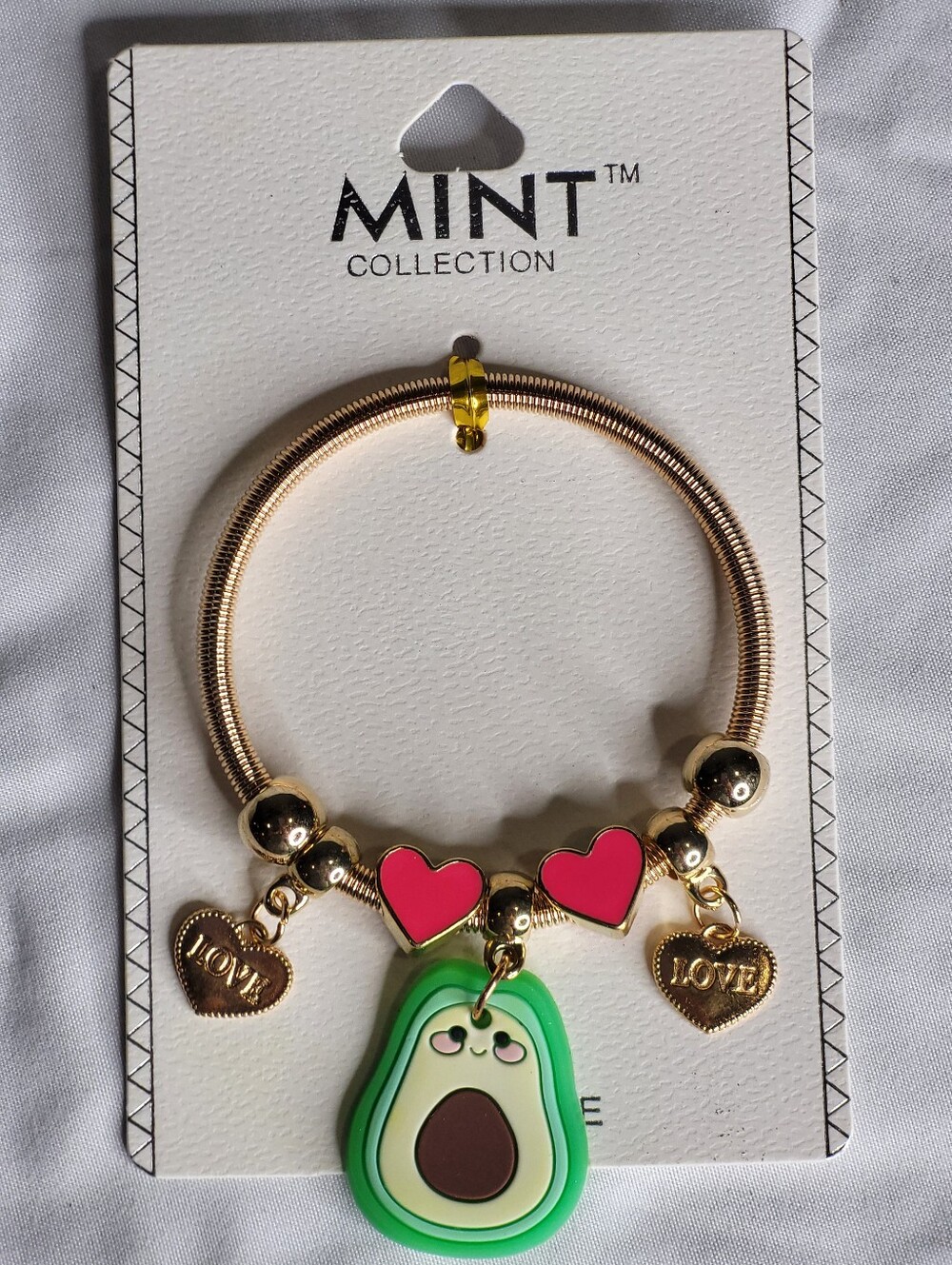 Mint Gold-Tone Bracelet with Green Avocado Charm and Hot Pink Hearts